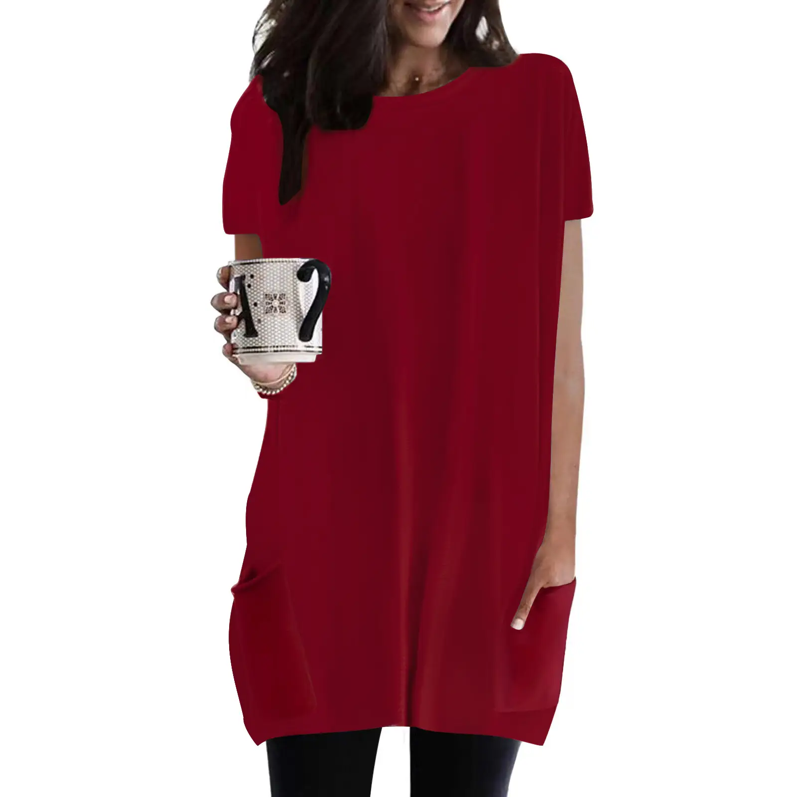 Women Pink Round Neck T-Shirt with Flap Pocket - Image 5