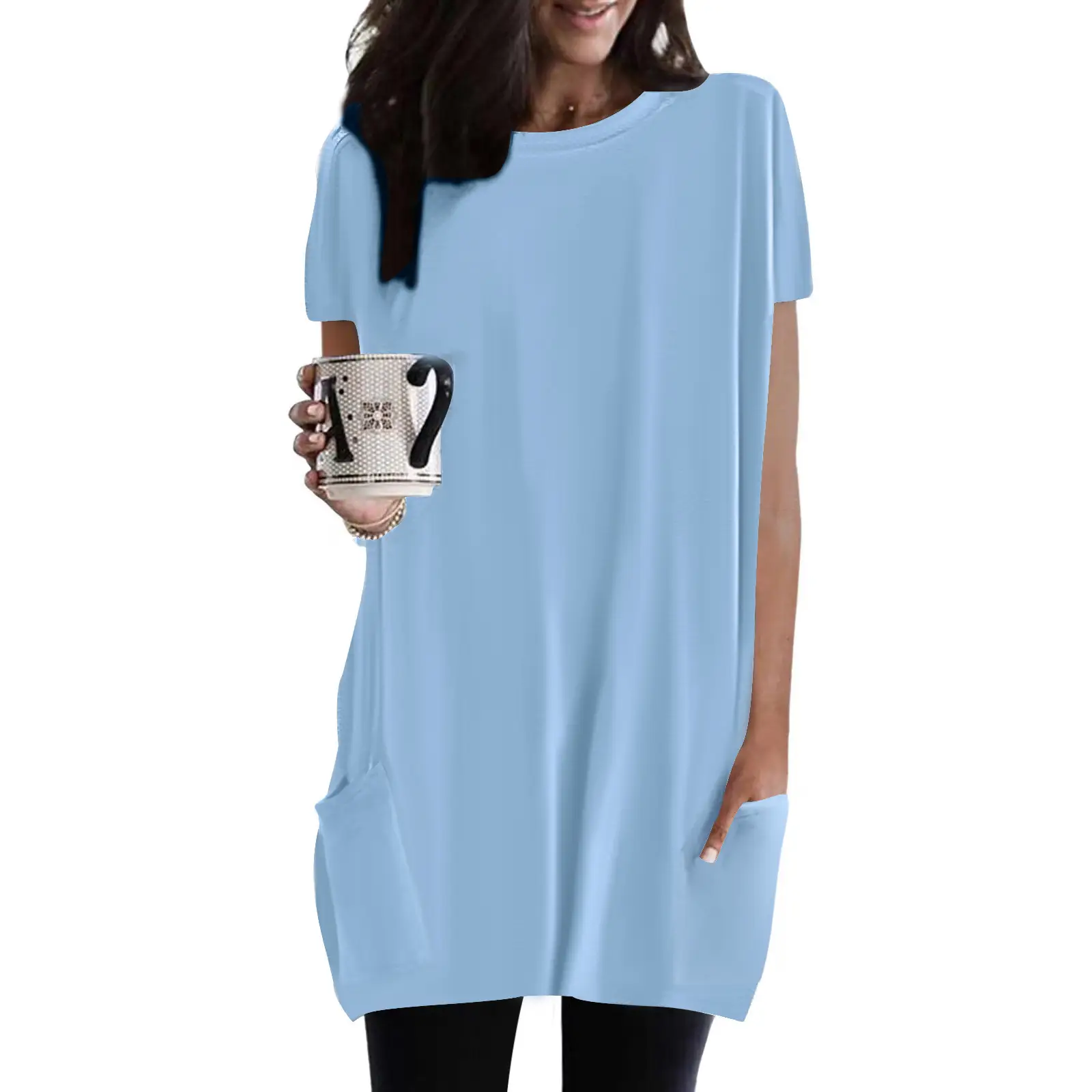 Women Pink Round Neck T-Shirt with Flap Pocket - Image 6