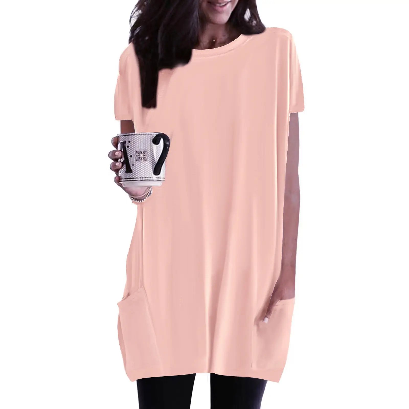 Women Pink Round Neck T-Shirt with Flap Pocket - Image 7