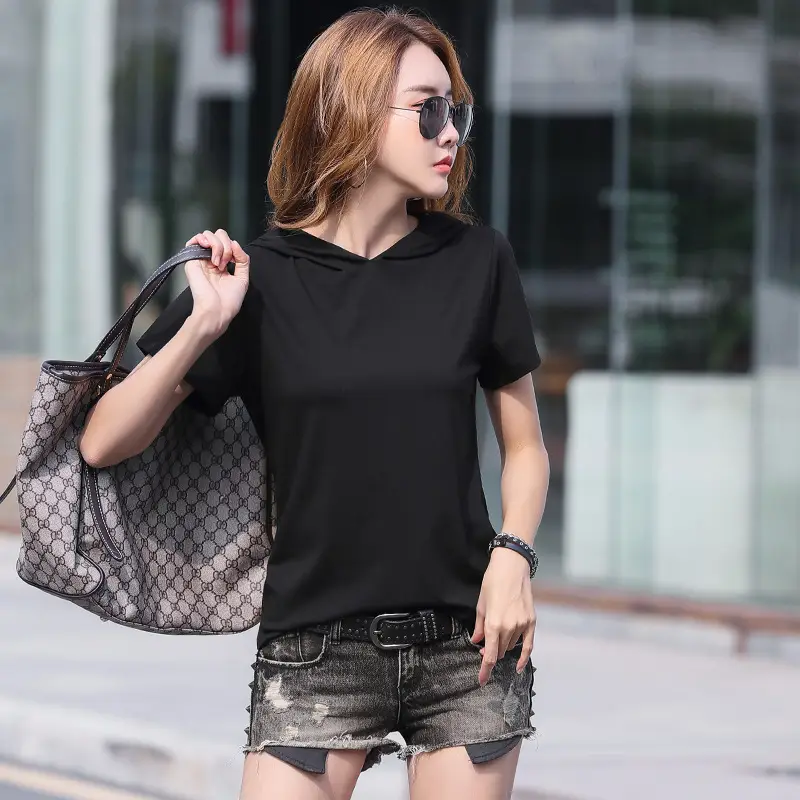 Women Hooded T-Shirt Black Casual Short Sleeve Korean Style - Image 7