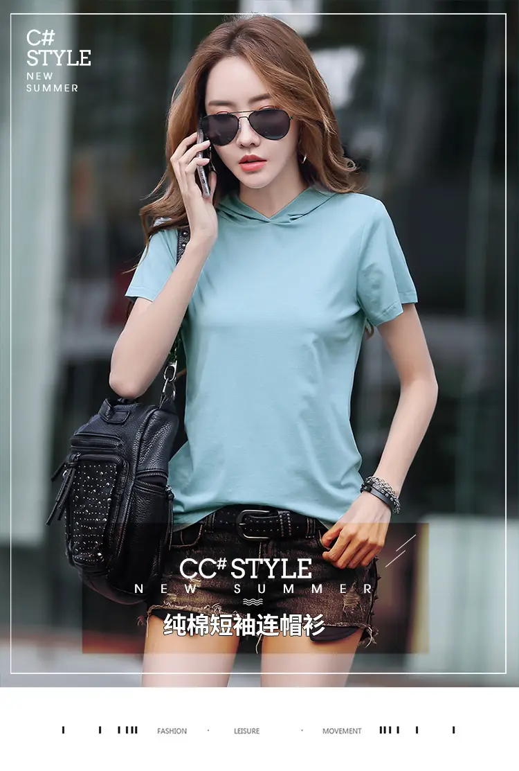Women Hooded T-Shirt Black Casual Short Sleeve Korean Style — feature 1