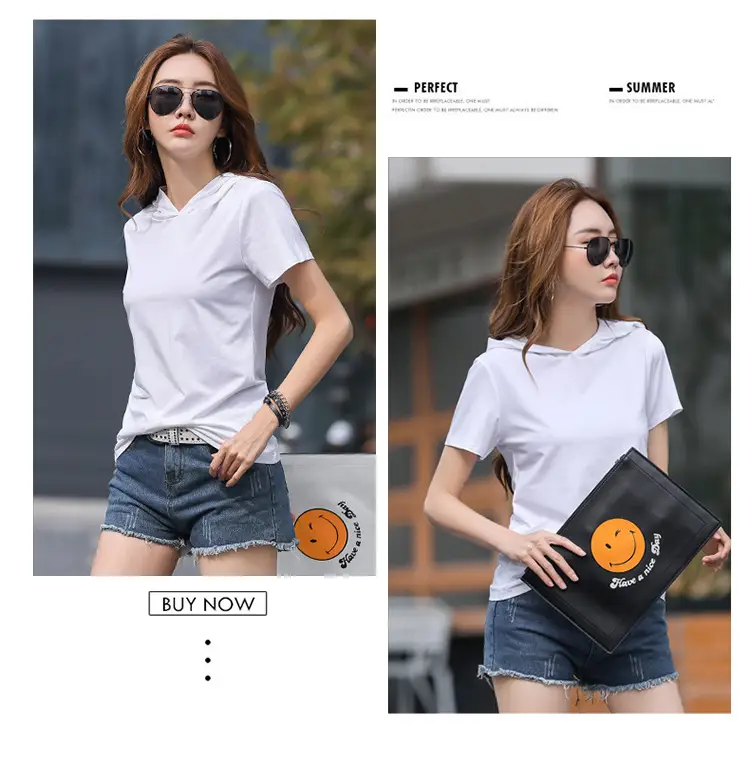 Women Hooded T-Shirt Black Casual Short Sleeve Korean Style — feature 11