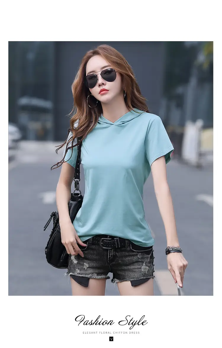 Women Hooded T-Shirt Black Casual Short Sleeve Korean Style — feature 13
