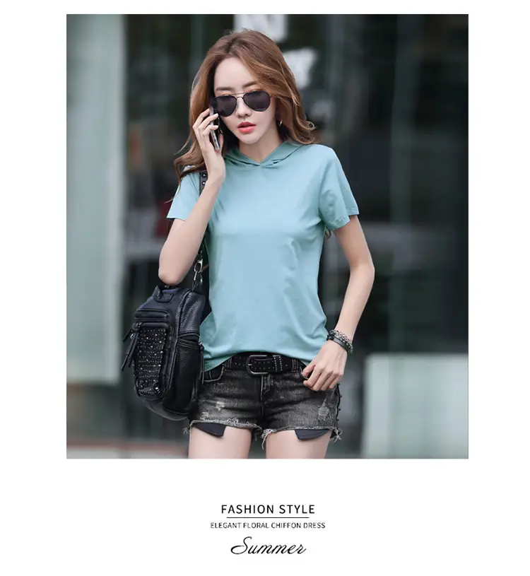 Women Hooded T-Shirt Black Casual Short Sleeve Korean Style — feature 14