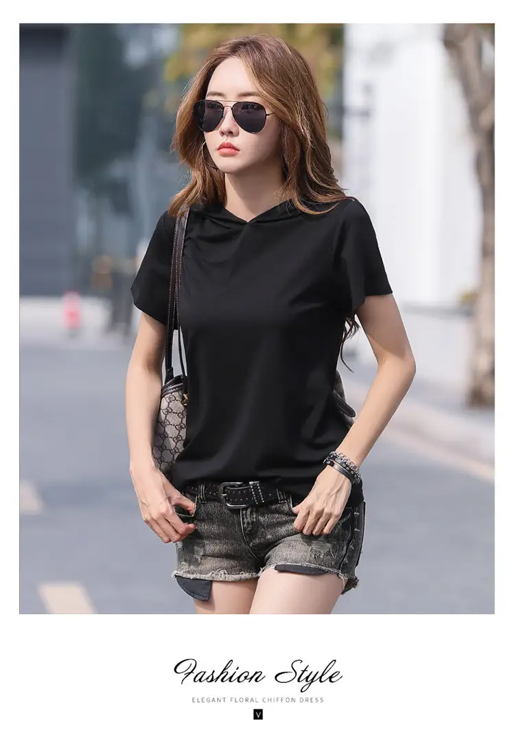 Women Hooded T-Shirt Black Casual Short Sleeve Korean Style — feature 16