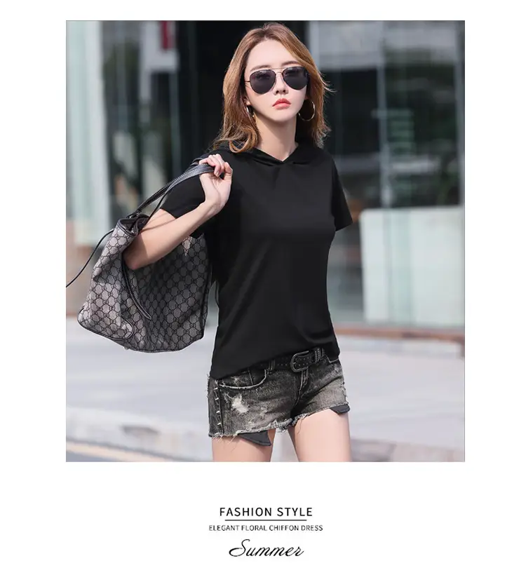 Women Hooded T-Shirt Black Casual Short Sleeve Korean Style — feature 17