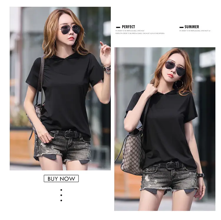 Women Hooded T-Shirt Black Casual Short Sleeve Korean Style — feature 18