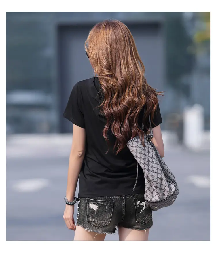 Women Hooded T-Shirt Black Casual Short Sleeve Korean Style — feature 19