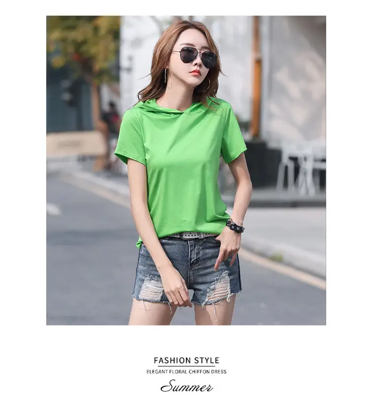 Women Hooded T-Shirt Black Casual Short Sleeve Korean Style — feature 21