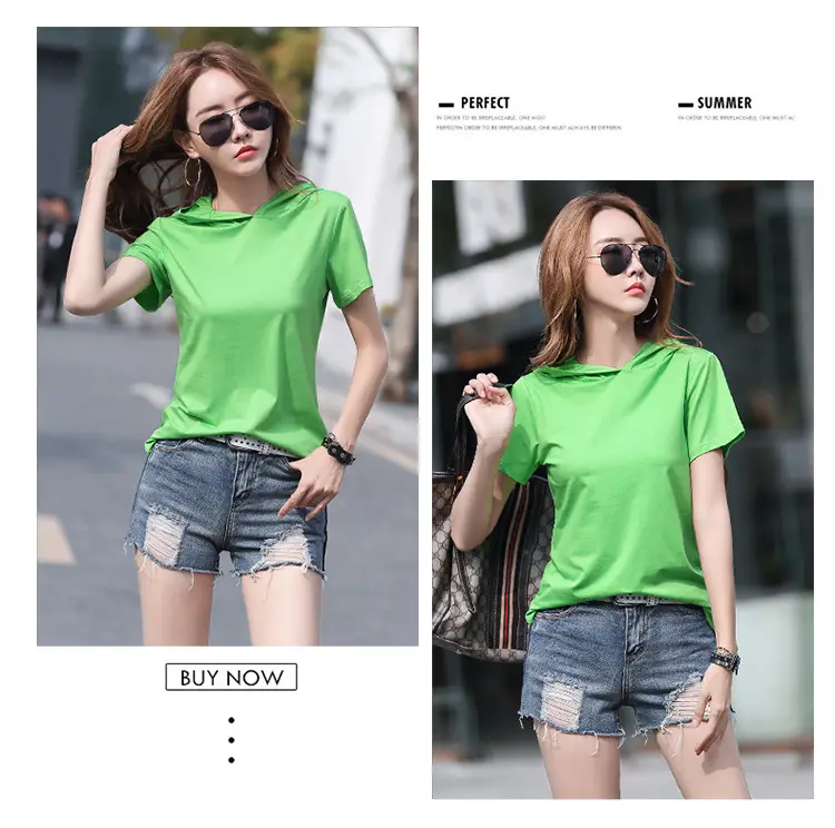 Women Hooded T-Shirt Black Casual Short Sleeve Korean Style — feature 22
