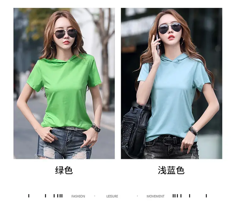 Women Hooded T-Shirt Black Casual Short Sleeve Korean Style — feature 7