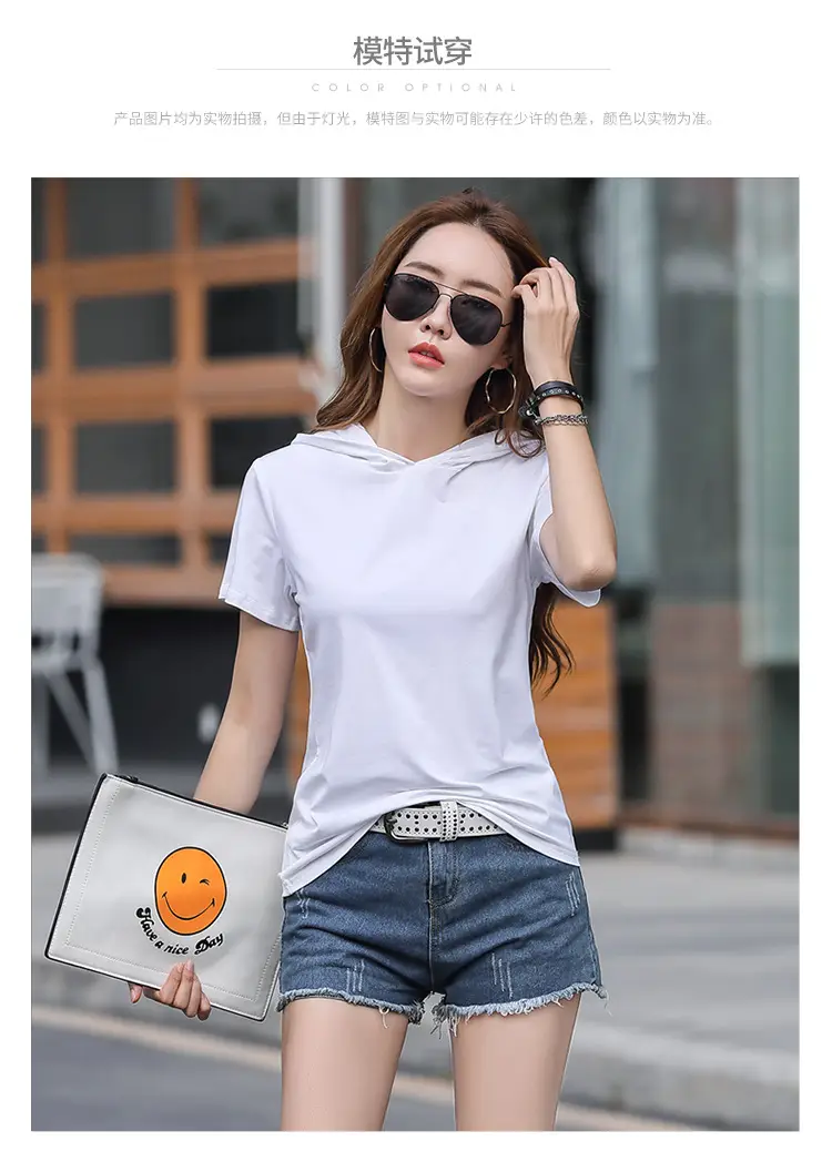 Women Hooded T-Shirt Black Casual Short Sleeve Korean Style — feature 9