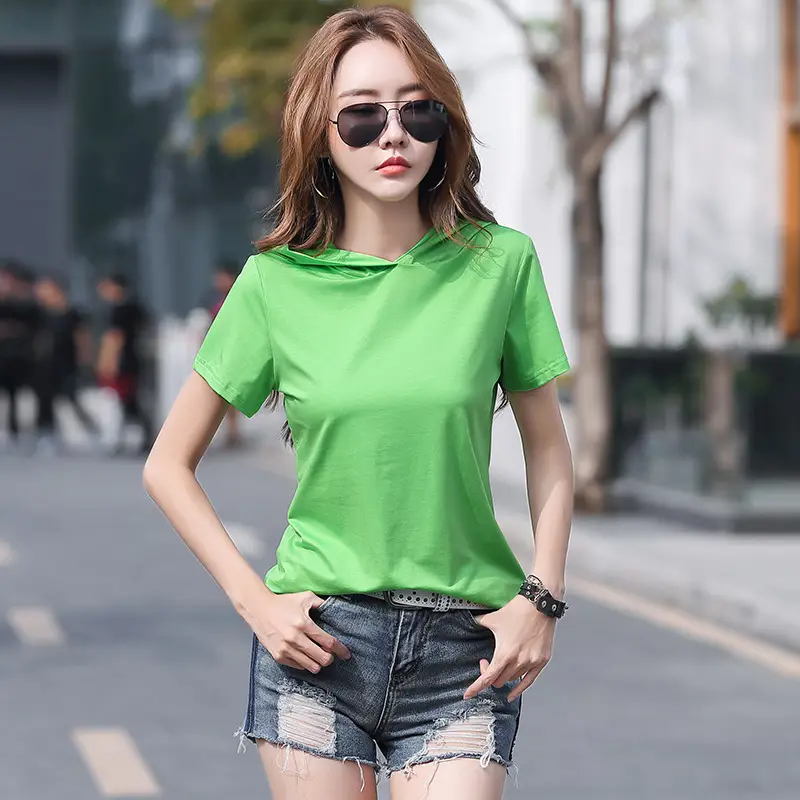 Women Hooded T-Shirt Black Casual Short Sleeve Korean Style - Image 2