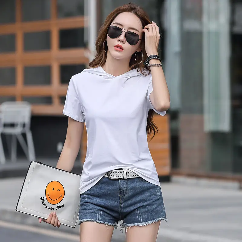 Women Hooded T-Shirt Black Casual Short Sleeve Korean Style - Image 3