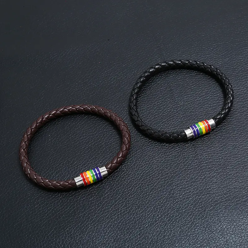 Woven Leather Bracelet with Rainbow Magnet Buckle - Image 4