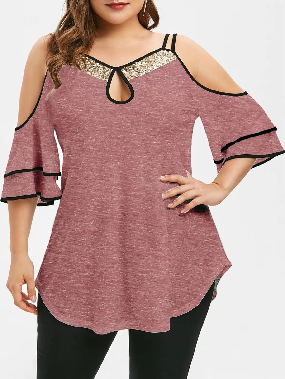 Plus Size Women's Pink Cold Shoulder Sequined Top - Image 9