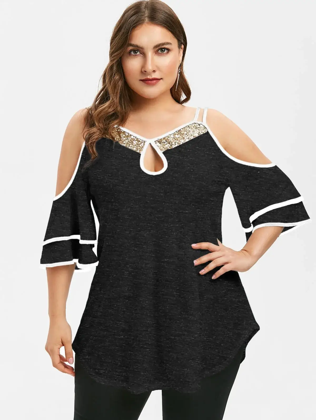 Plus Size Women's Pink Cold Shoulder Sequined Top - Image 4