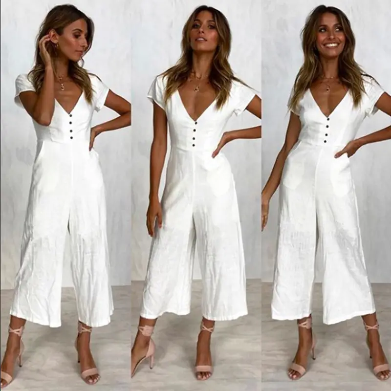 Black V-Neck Button Jumpsuit with Long Pants Set - Image 4