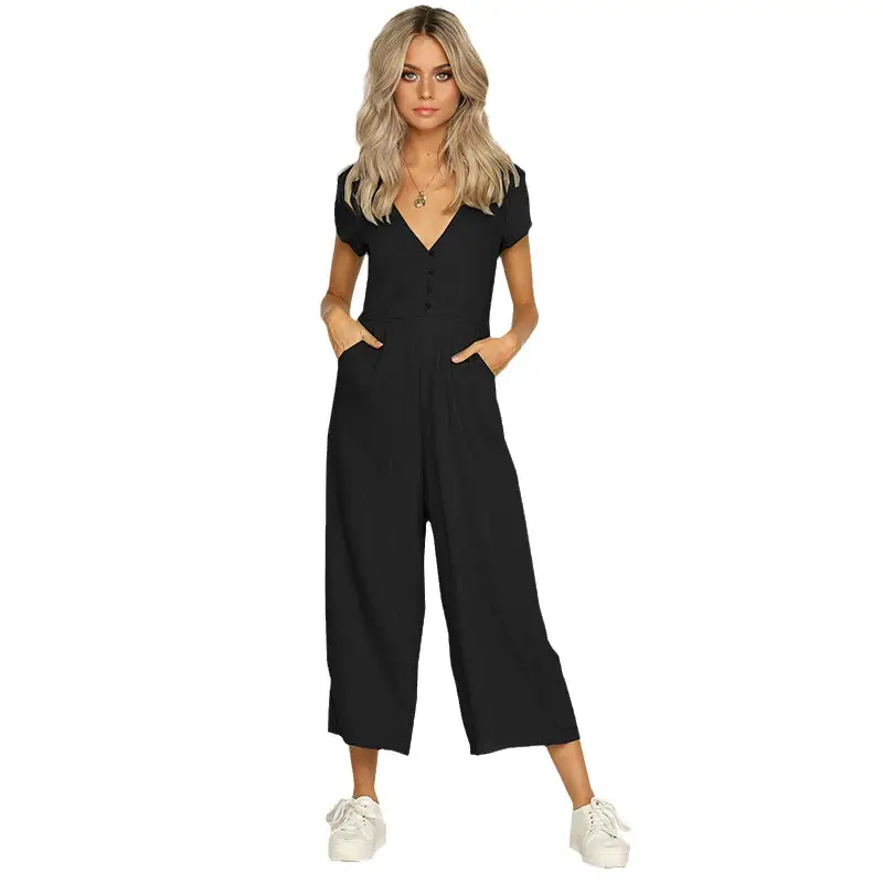Black V-Neck Button Jumpsuit with Long Pants Set - Image 6