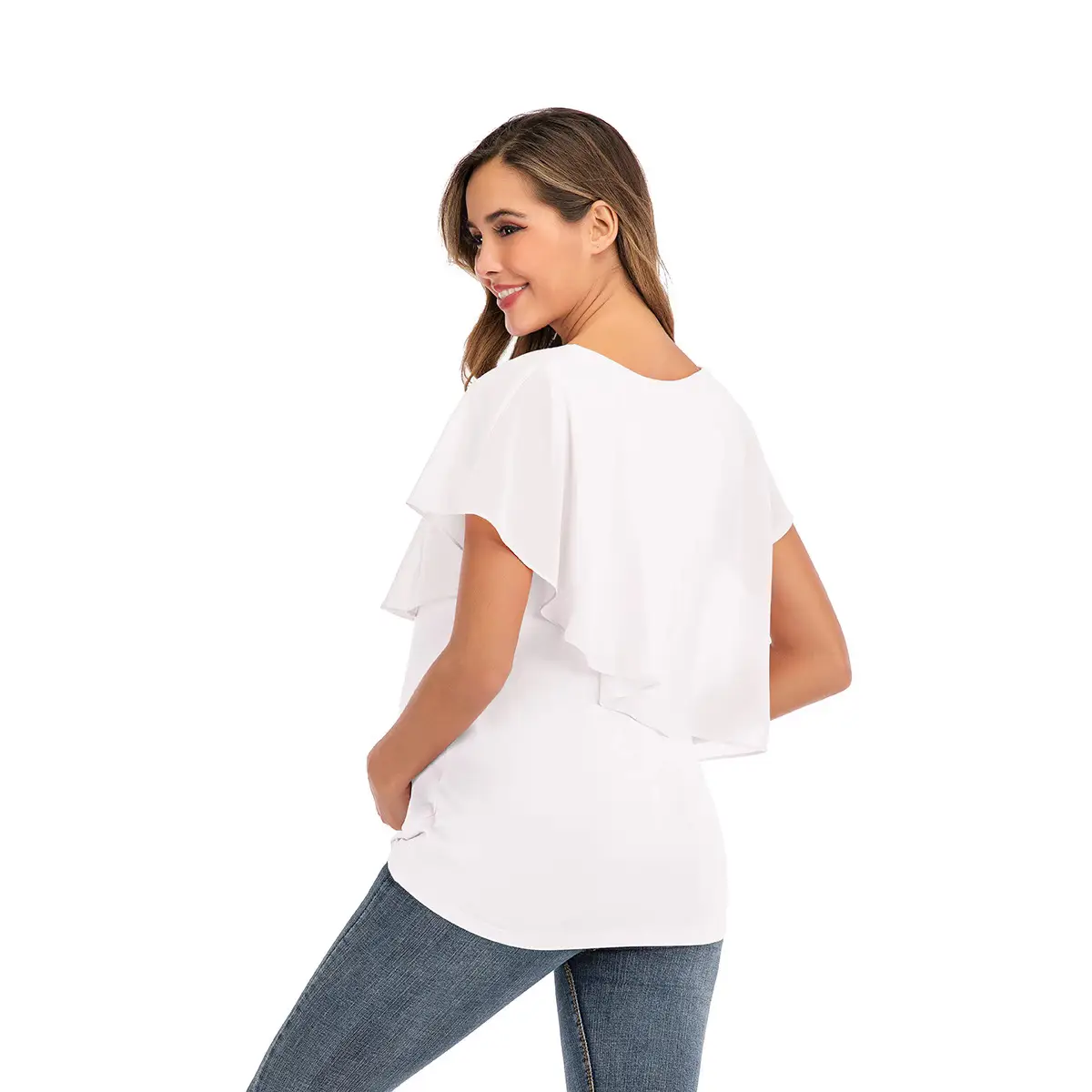 Women's White Chiffon T-Shirt with Ruffled Back Design - Image 5