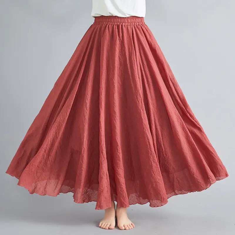 Mori Women's Cotton Linen Artistic Pink Skirt Large Swing