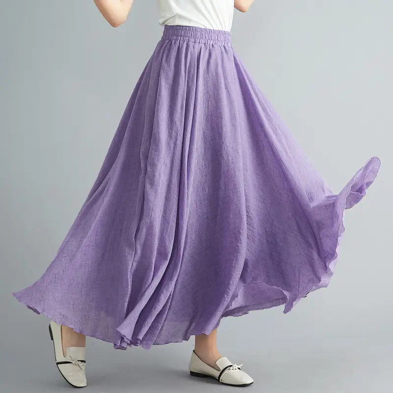 Mori Women's Cotton Linen Artistic Pink Skirt Large Swing