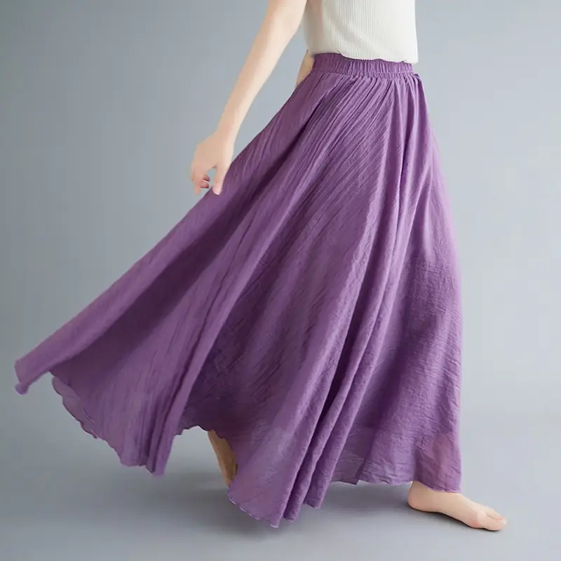 Mori Women's Cotton Linen Artistic Pink Skirt Large Swing