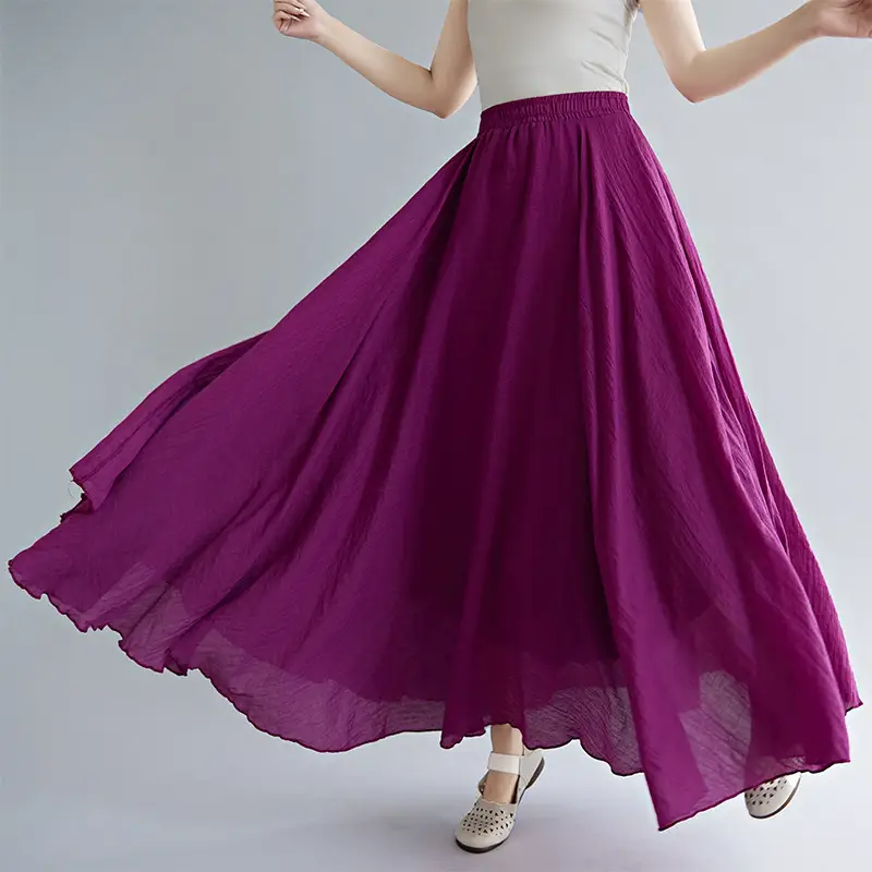 Mori Women's Cotton Linen Artistic Pink Skirt Large Swing