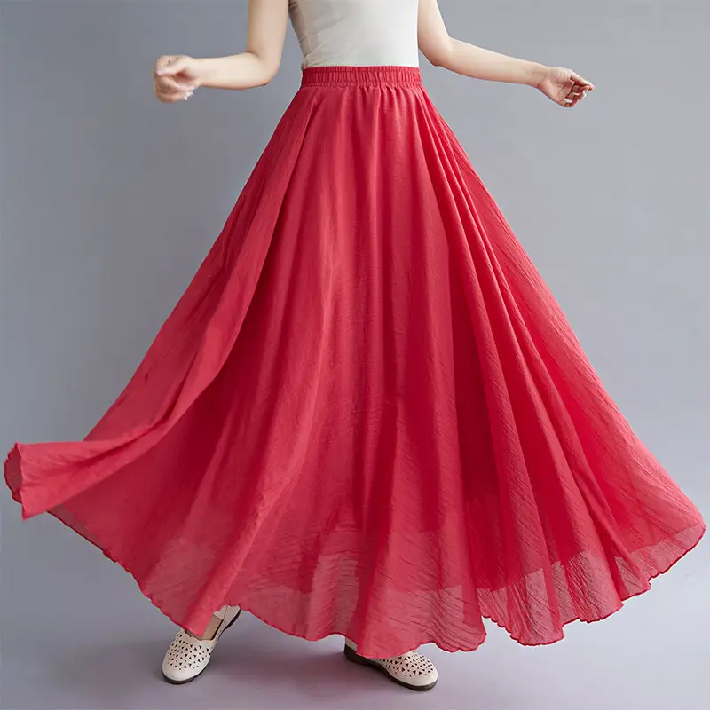 Mori Women's Cotton Linen Artistic Pink Skirt Large Swing