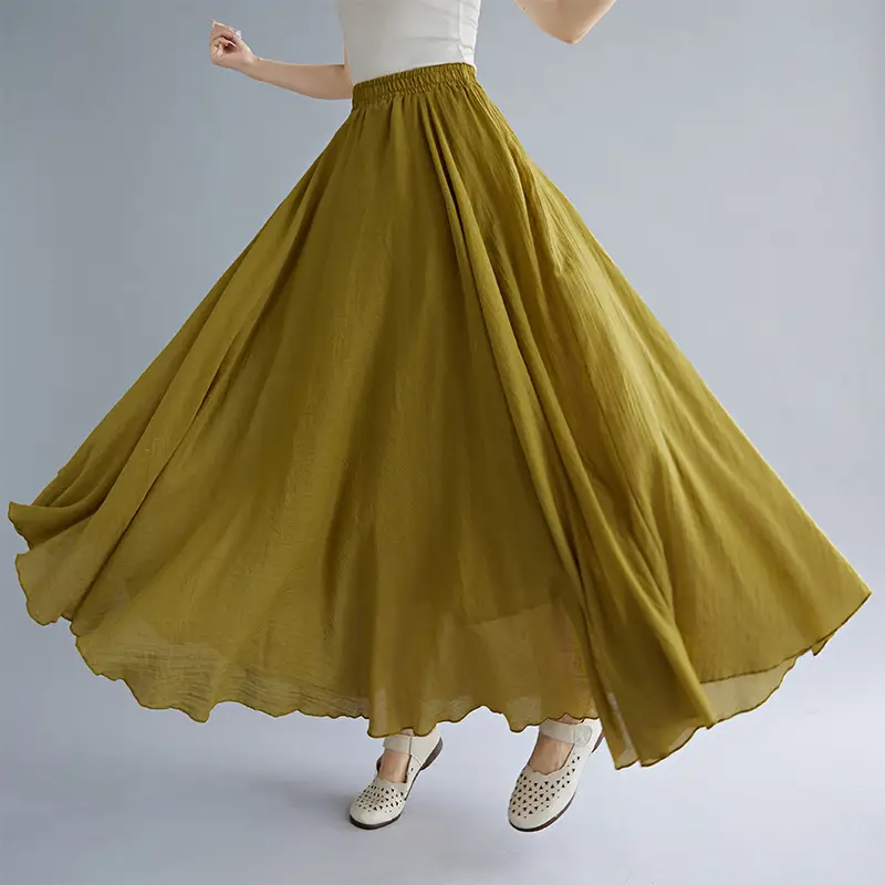 Mori Women's Cotton Linen Artistic Pink Skirt Large Swing