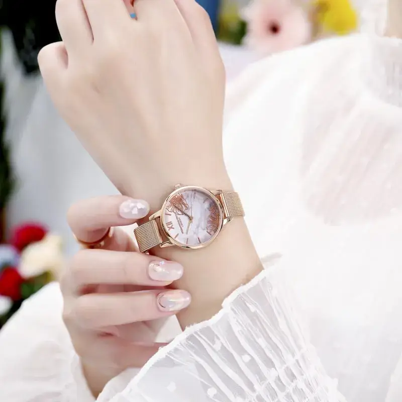 Dandelion Ceramic Watch for Women French Mesh Strap Waterproof
