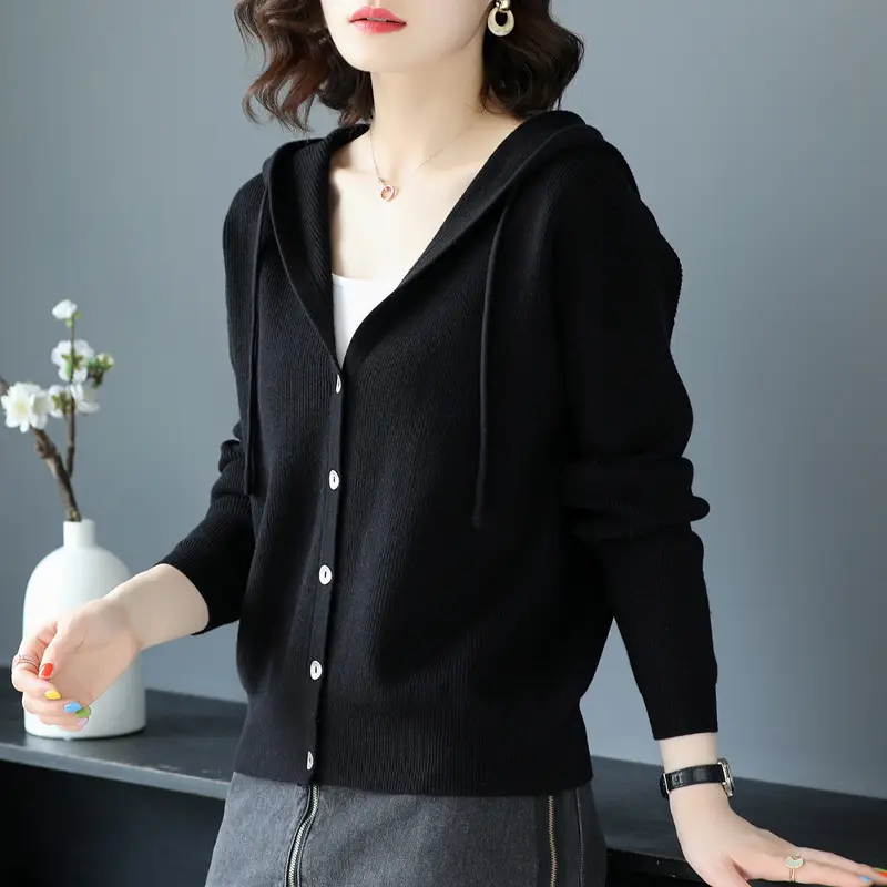 Women Knitted Hooded Sweater Jacket Red Black Set - Image 10