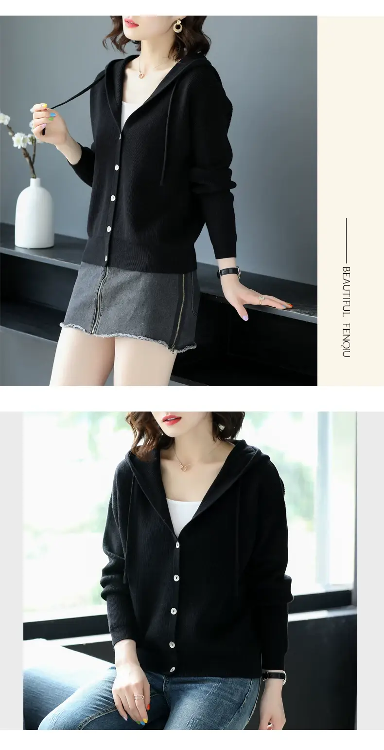Women Knitted Hooded Sweater Jacket Red Black Set — feature 5
