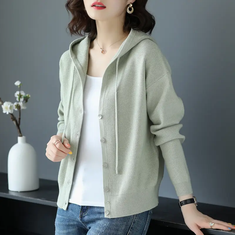 Women Knitted Hooded Sweater Jacket Red Black Set - Image 3