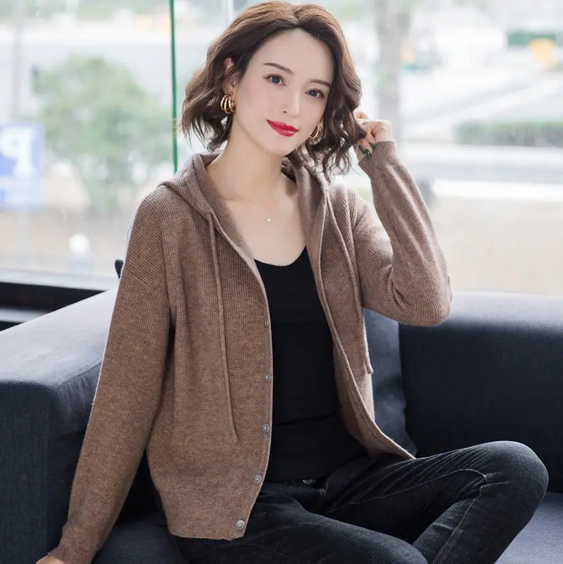 Women Knitted Hooded Sweater Jacket Red Black Set - Image 6