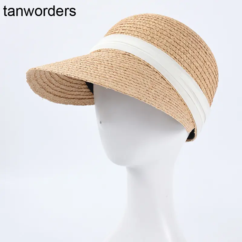 Women Straw Sun Hat with Chiffon Band Beige