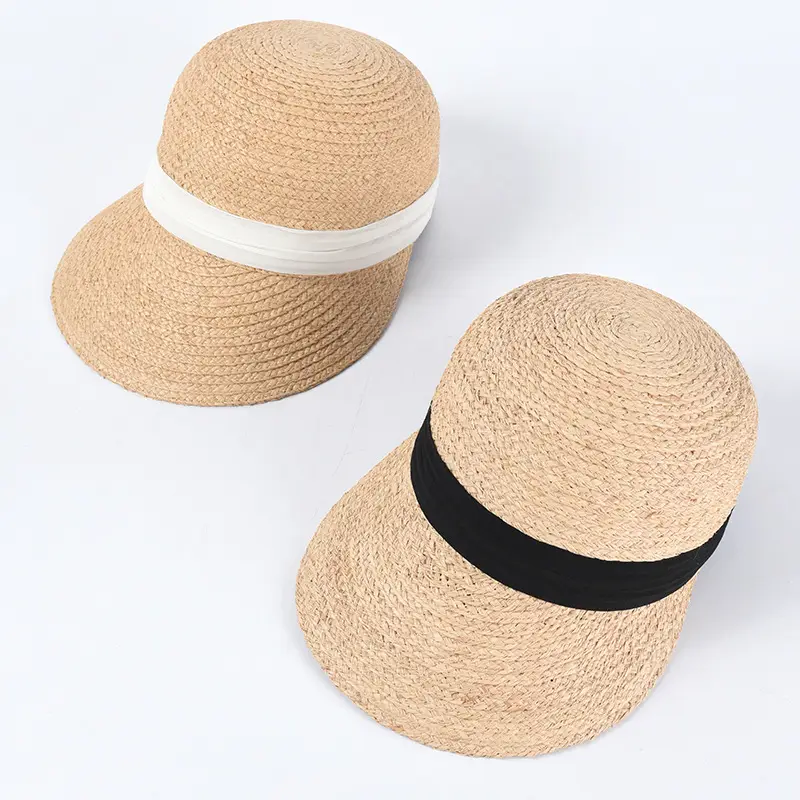 Women Straw Sun Hat with Chiffon Band Beige
