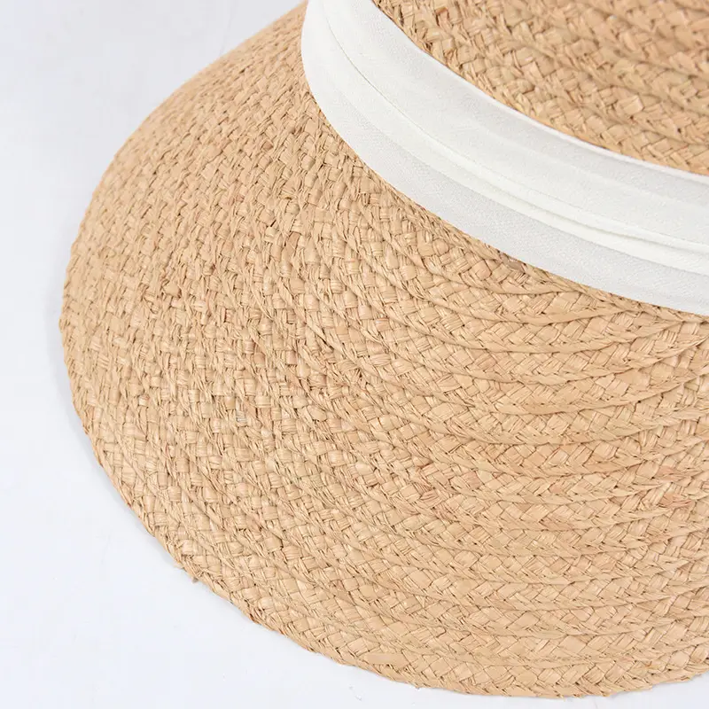 Women Straw Sun Hat with Chiffon Band Beige