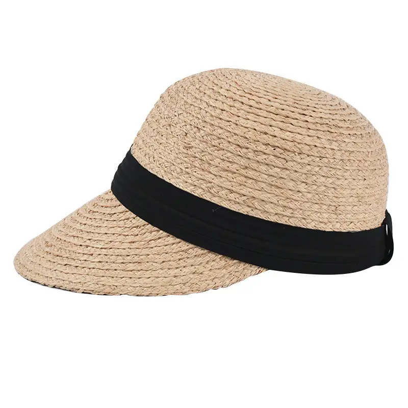 Women Straw Sun Hat with Chiffon Band Beige