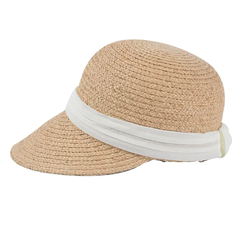 Women Straw Sun Hat with Chiffon Band Beige