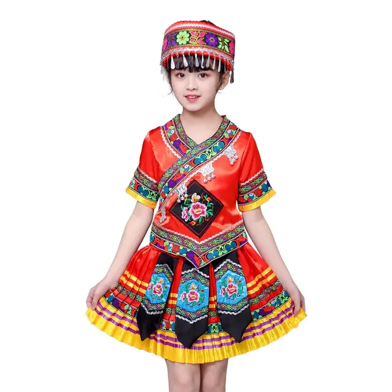 New Girls Miao Zhuang Yao Costume Red Yellow Skirt - Image 17