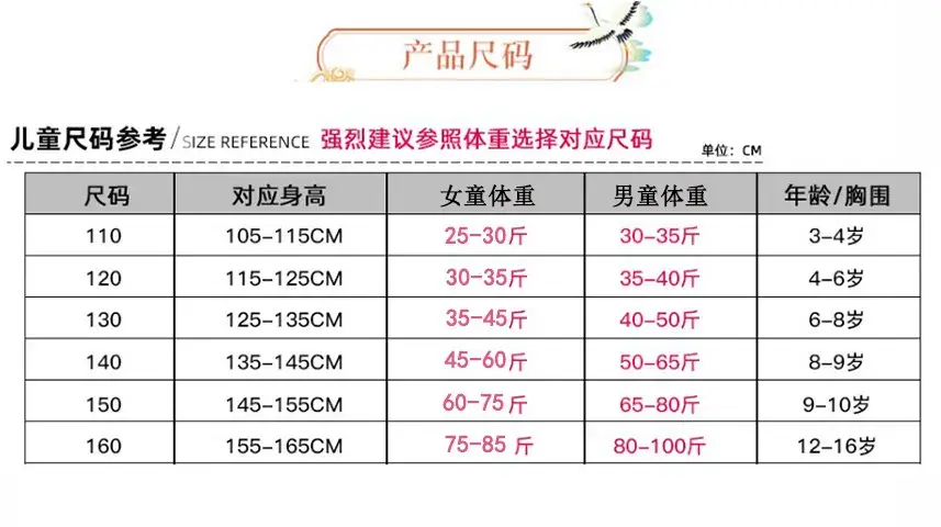 儿童尺码表