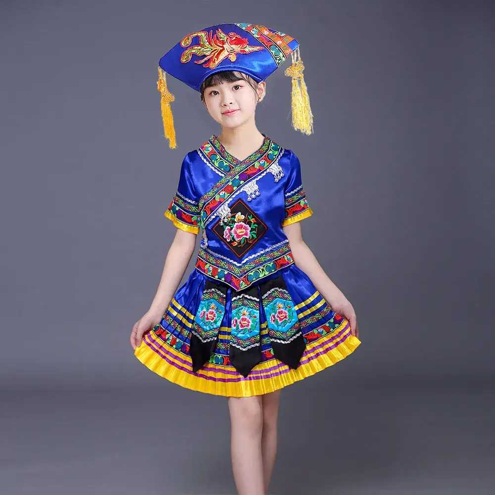 New Girls Miao Zhuang Yao Costume Red Yellow Skirt - Image 10