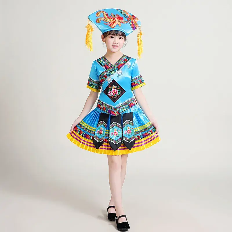 New Girls Miao Zhuang Yao Costume Red Yellow Skirt - Image 11