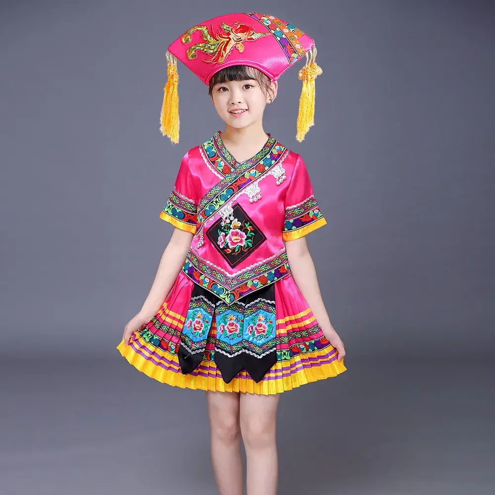 New Girls Miao Zhuang Yao Costume Red Yellow Skirt - Image 12