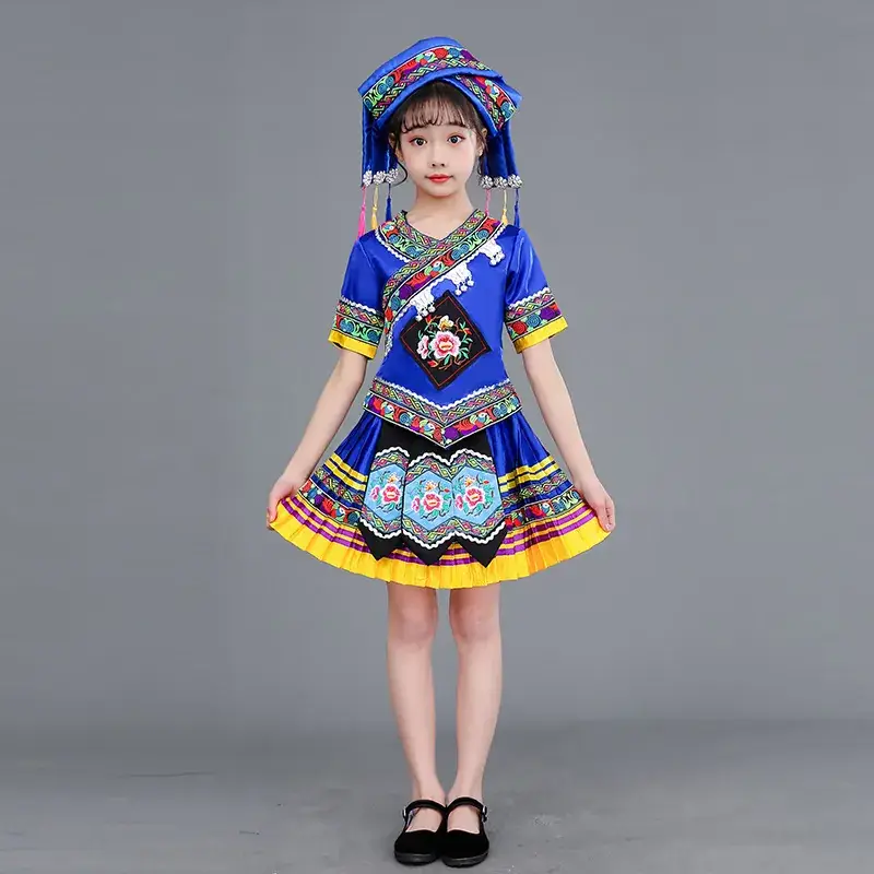 New Girls Miao Zhuang Yao Costume Red Yellow Skirt - Image 2