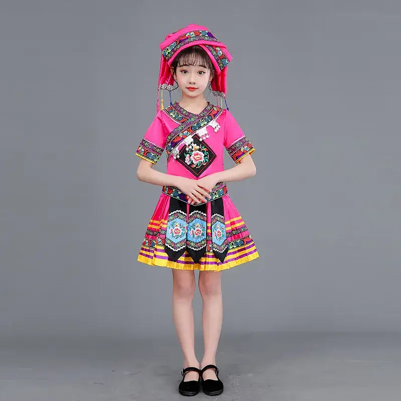 New Girls Miao Zhuang Yao Costume Red Yellow Skirt - Image 3