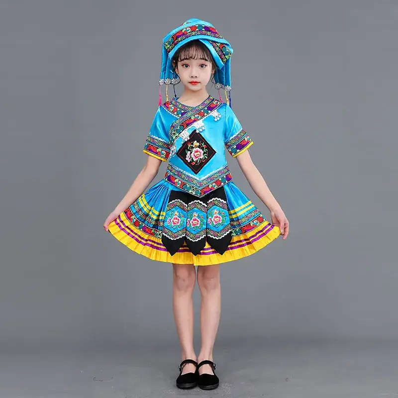 New Girls Miao Zhuang Yao Costume Red Yellow Skirt - Image 4