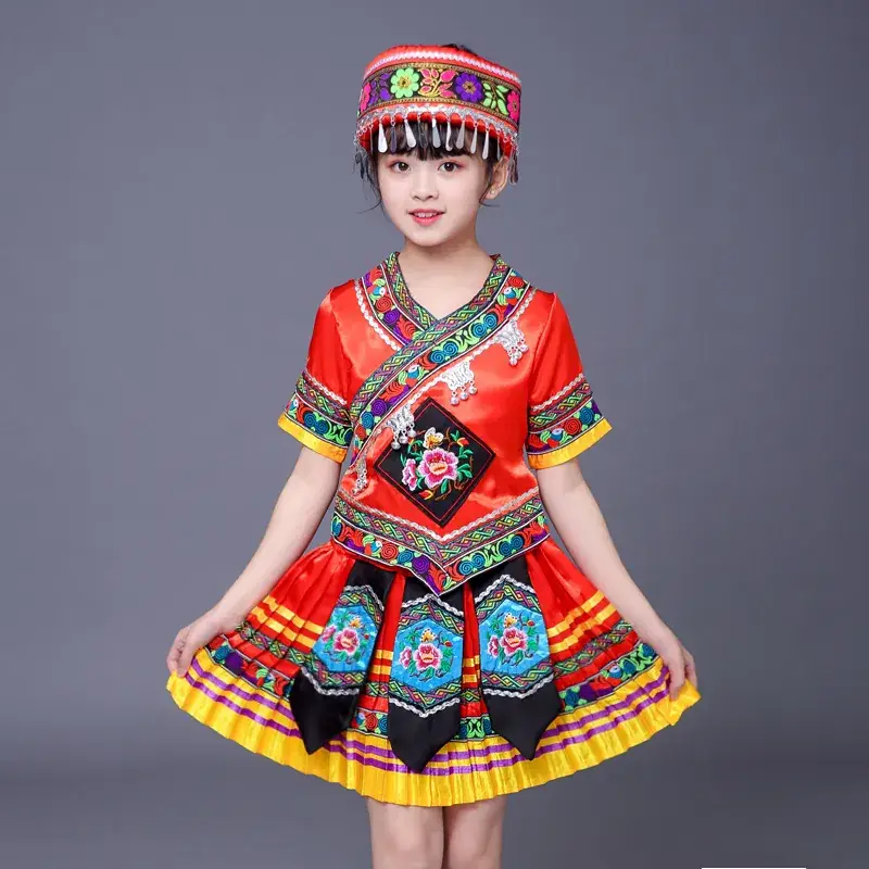 New Girls Miao Zhuang Yao Costume Red Yellow Skirt - Image 5