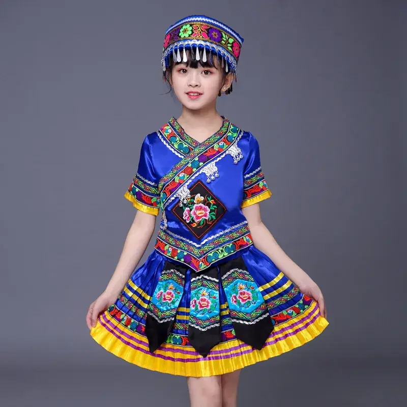 New Girls Miao Zhuang Yao Costume Red Yellow Skirt - Image 6
